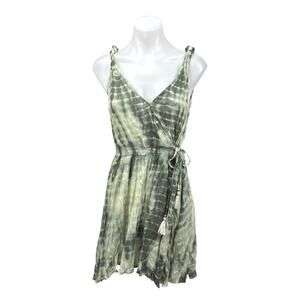 Band of Gypsies Green Metallic Tie Dye Sleeveless Mini Fit & Flare Wrap Dress S
